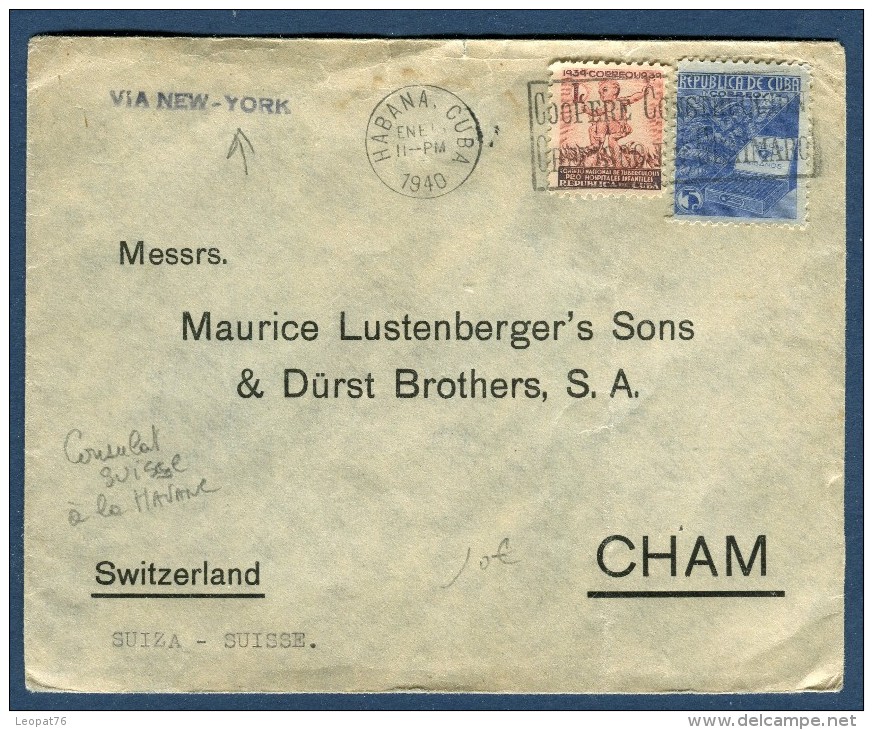 Cuba - Enveloppe Du Consulat Suisse à La Havane Pour La Suisse Via New York En 1940 -   Réf O 9 - Storia Postale