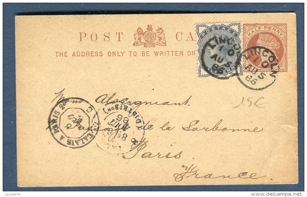 Grande Bretagne - Entier Postal + Complément De Lincoln Pour La France En 1886  Réf O 13 - Entiers Postaux