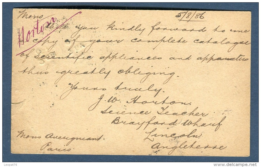 Grande Bretagne - Entier Postal + Complément De Lincoln Pour La France En 1886  Réf O 13 - Luftpost & Aerogramme