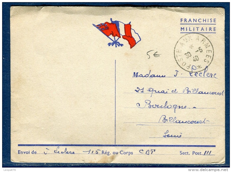 France - Carte En Franchise Militaire Pour Boulogne Billancourt En 1940  Réf O 33 - Guerre De 1939-45