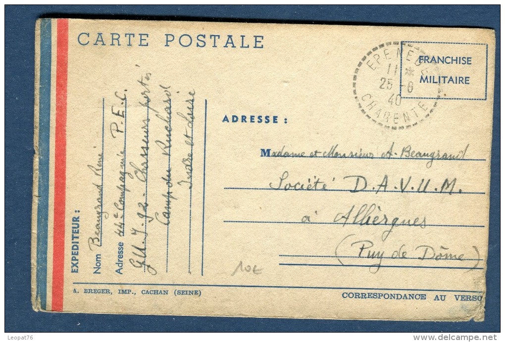 France - Carte En Franchise Du 92 ème Chasseurs Portés Du Camp Du Richard Pour Allièrgues En 1940    Réf O 37 - Guerre De 1939-45