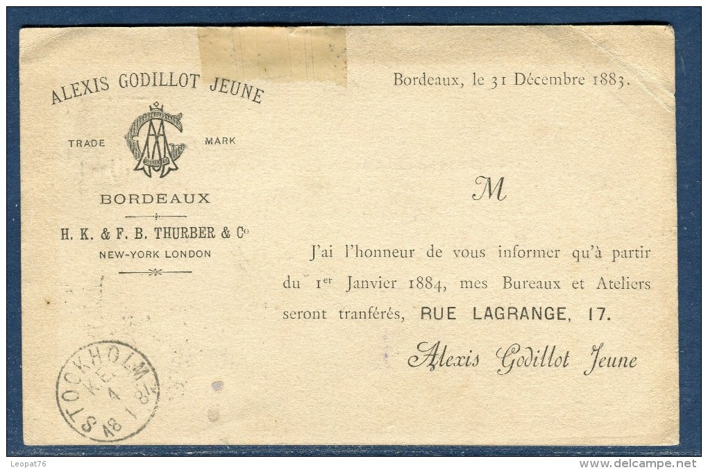 France - Entier Postal Type Sage Repiquage Commerciale Au Verso De Bordeaux En 1883 Pour La Suéde  Réf O 49 - Overprinter Postcards (before 1995)