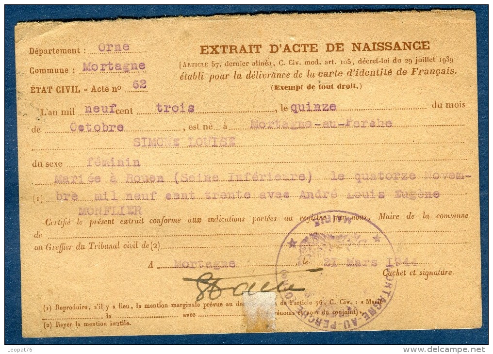 France - Entier Postal Type Pétain , Carte Réponse D 'extrait D 'acte De Naissance De Mortagne Au Perche 1944  Réf O 50 - Standard- Und TSC-AK (vor 1995)