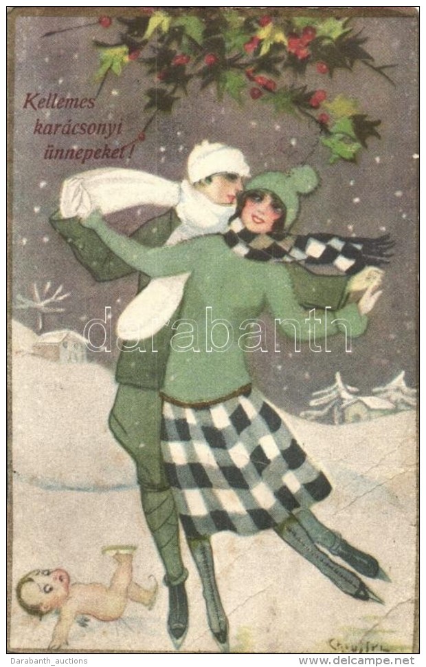 T3 'Kellemes Karácsonyi ünnepeket' / Christmas Greeting Postcard, Italian Art Postcard, Ice Skating... - Non Classés