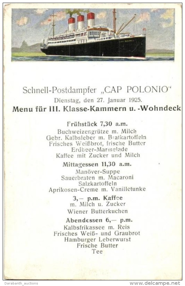 ** T2 Schnell-Postdampfer Cap Polonio, Menüfür III. Klasse-Kammern U. Wohndeck - Non Classés