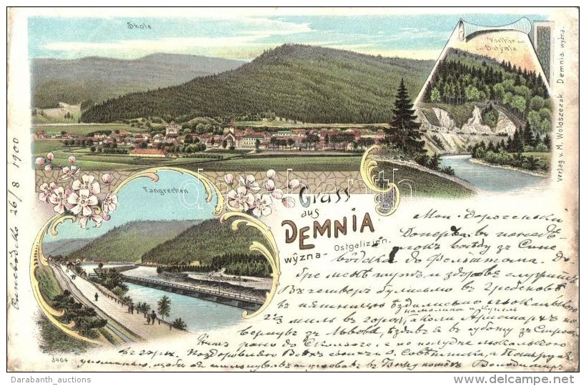 * T3/T4 Demnia Wyzna (Demnia), General View, River, Carpathian Ukraine, Verlag V. M. Wolaszezak Floral Art Nouveau... - Non Classés