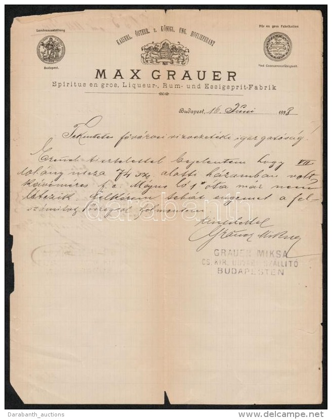 1888 Bp., Max Grauer Spiritus En Gros, Liqueur-, Rum- Und Essigspirit-Fabrik Fejléces Levele A... - Non Classés