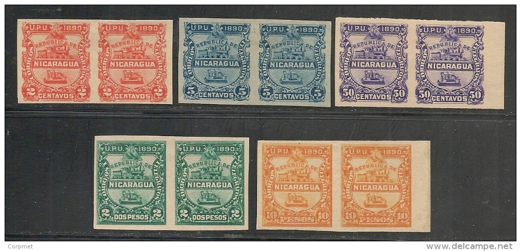 U.P.U. - TELEGRAPH - TRAIN - Vf 1890 NICARAGUA 5 IMPERFORATE PAIRS Of Yvert # 21-22-25-27-28 - MINT Light Hinged - U.P.U.