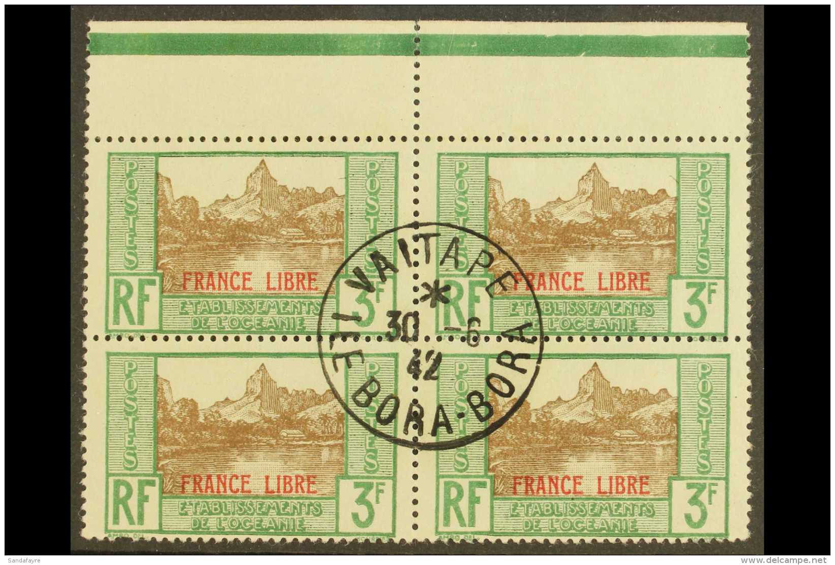 FRENCH OCEANIC SETTLEMENTS 1941 3fr Green Moorea Bay, Ovptd "France Libre" In Red, Yv 140, Superb Top Margin Block... - Autres & Non Classés