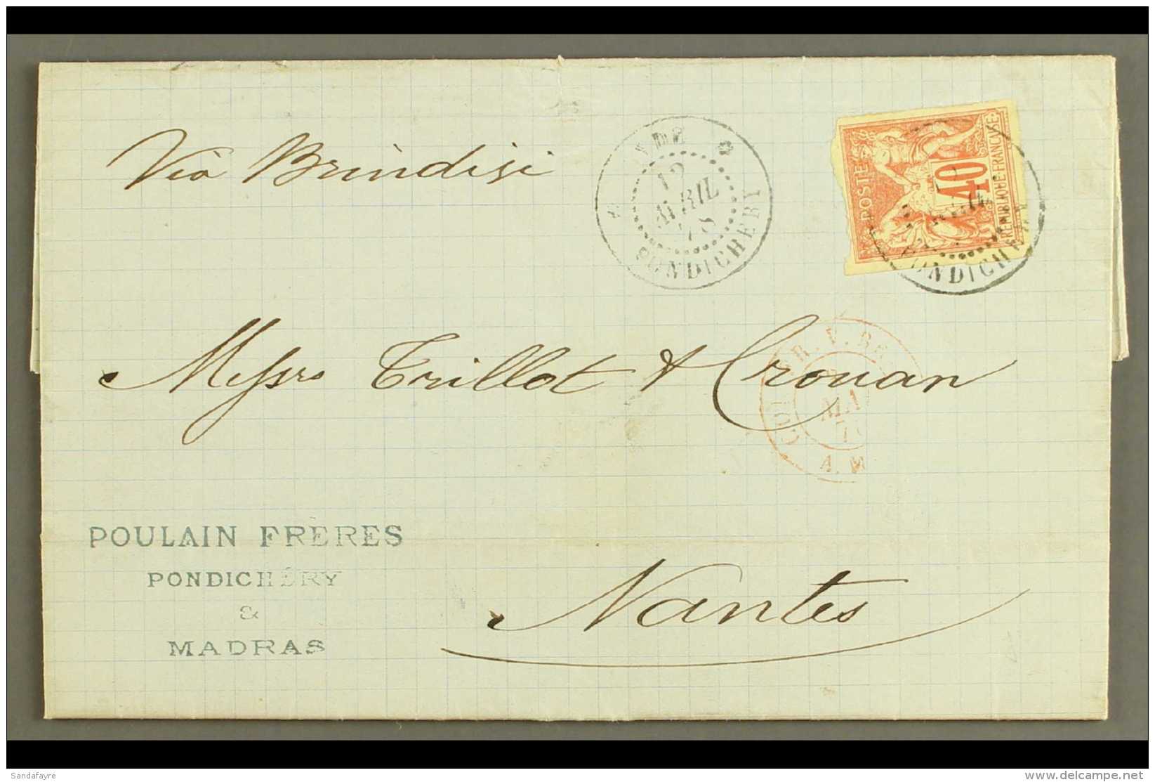 FRENCH INDIA 1878 (12 Apr) EL From Pondicherry To France Bearing The General Issue 1877 75c Carmine Imperf With 4... - Andere & Zonder Classificatie