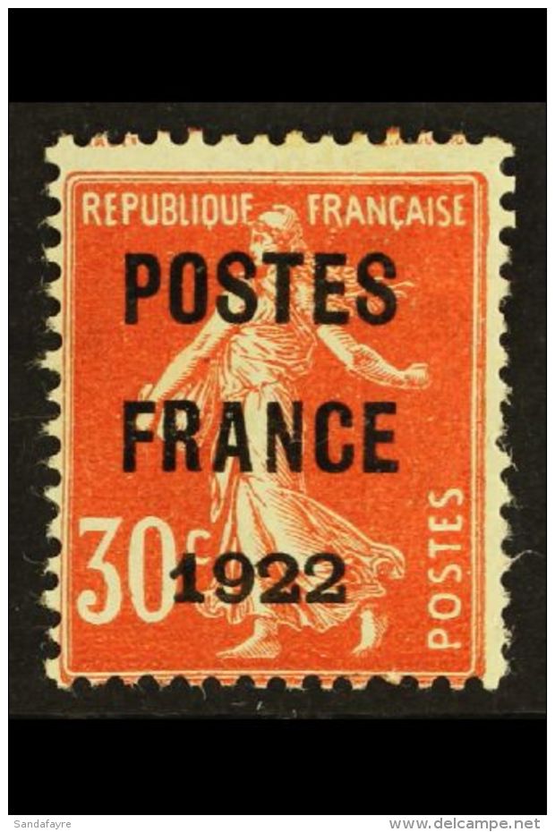 PRECANCELS 1922 30c Orange With "POSTES FRANCE" Overprint, Yvert 38, Mint, Small Thins, Fresh Colour, Cat 1,200... - Autres & Non Classés