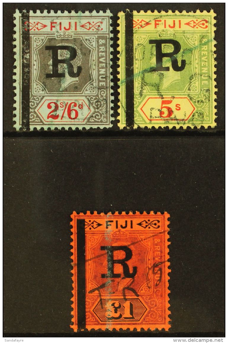 REVENUE STAMPS 1910 KEVII &pound;1 (Barefoot 25), Plus 1914 KGV 2s6d And 5s (Barefoot 29/30), Fine Used. (3... - Fiji (...-1970)