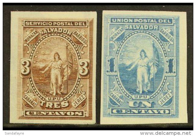 IMPERF PROOFS 1887-89 Imperf Proofs, Inc 1887-88  UPU 3c Brown (as SG 18) &amp; 1889 UPU 1c Blue (as SG 22).... - El Salvador