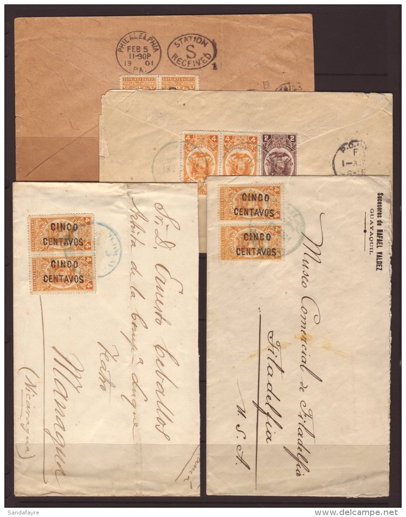 REVENUES ON COVER 1900-01. A Group Of Commercial Covers Addressed To USA, One Bearing 1899-1900 2c &amp; 4c (x2)... - Ecuador