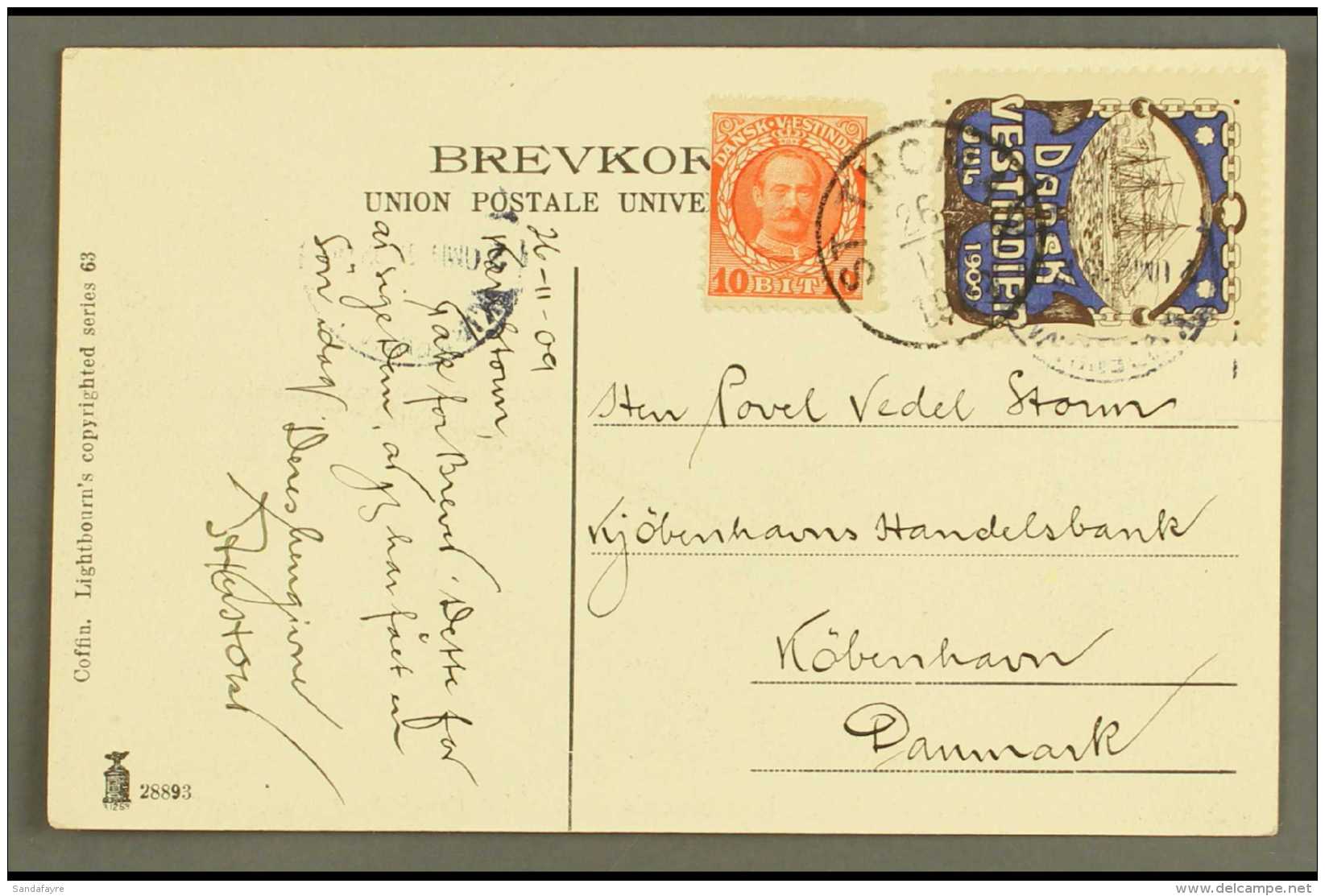 1909 CHRISTMAS SEAL ON POSTCARD. Picture Postcard Showing St Thomas, Addressed To Denmark, Bearing 10b Stamp And... - Danish West Indies