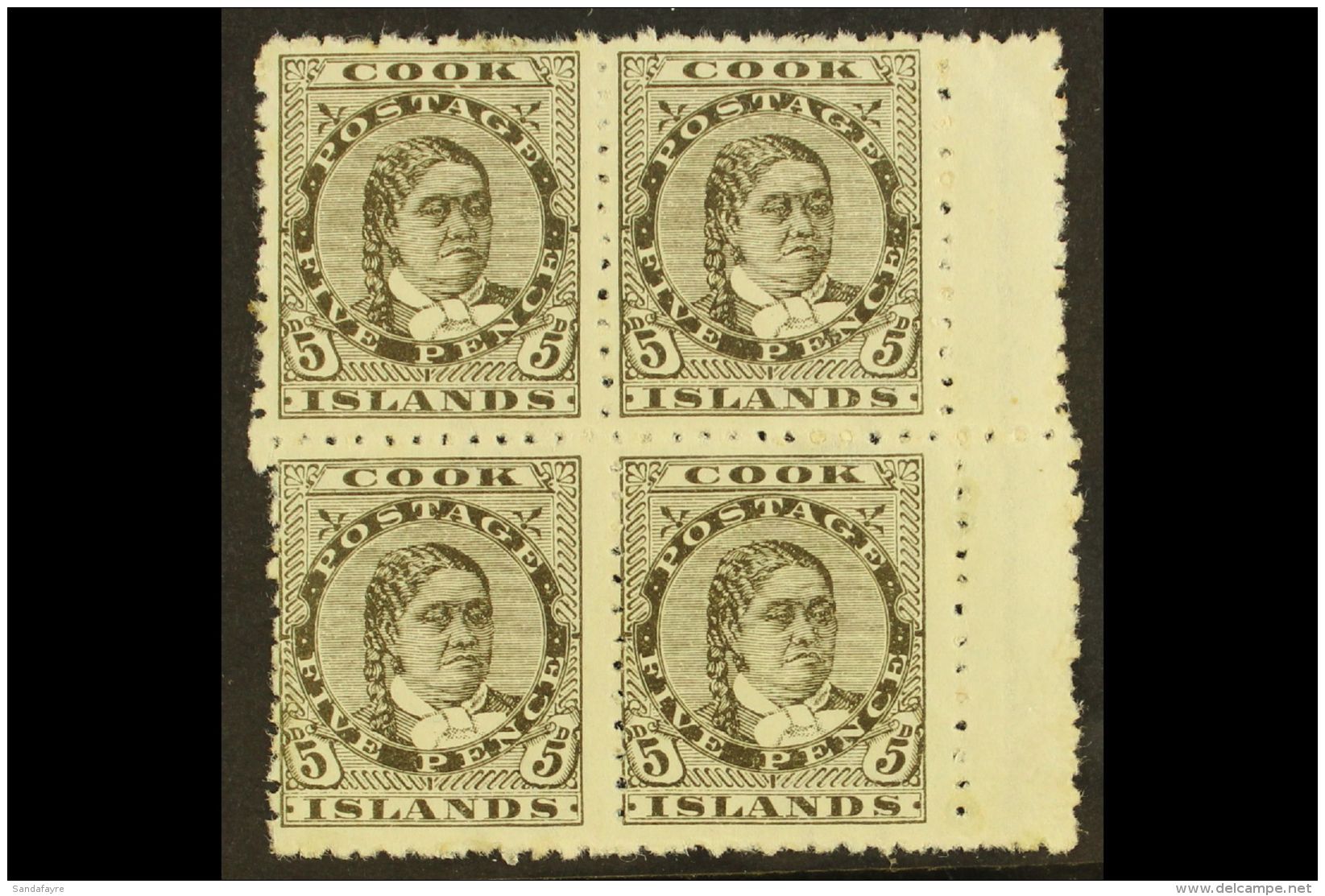1893-1900 5d Olive-black Perf 12x11&frac12;, SG 9, Fine Mint (two Stamps Never Hinged) BLOCK Of 4 With Gutter At... - Cook