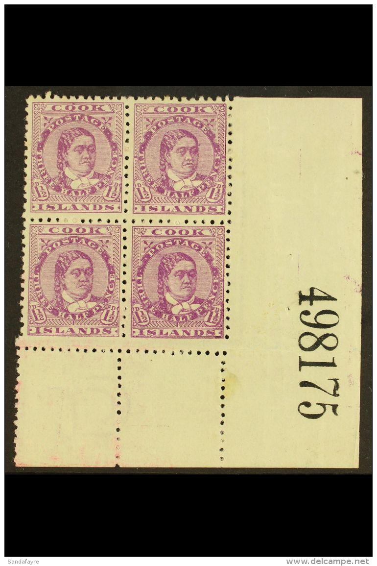 1893-1900 1&frac12;d Mauve Perf 12x11&frac12;, SG 7, Fine Mint Lower Right Corner BLOCK Of 4 With Sheet Number,... - Cookeilanden