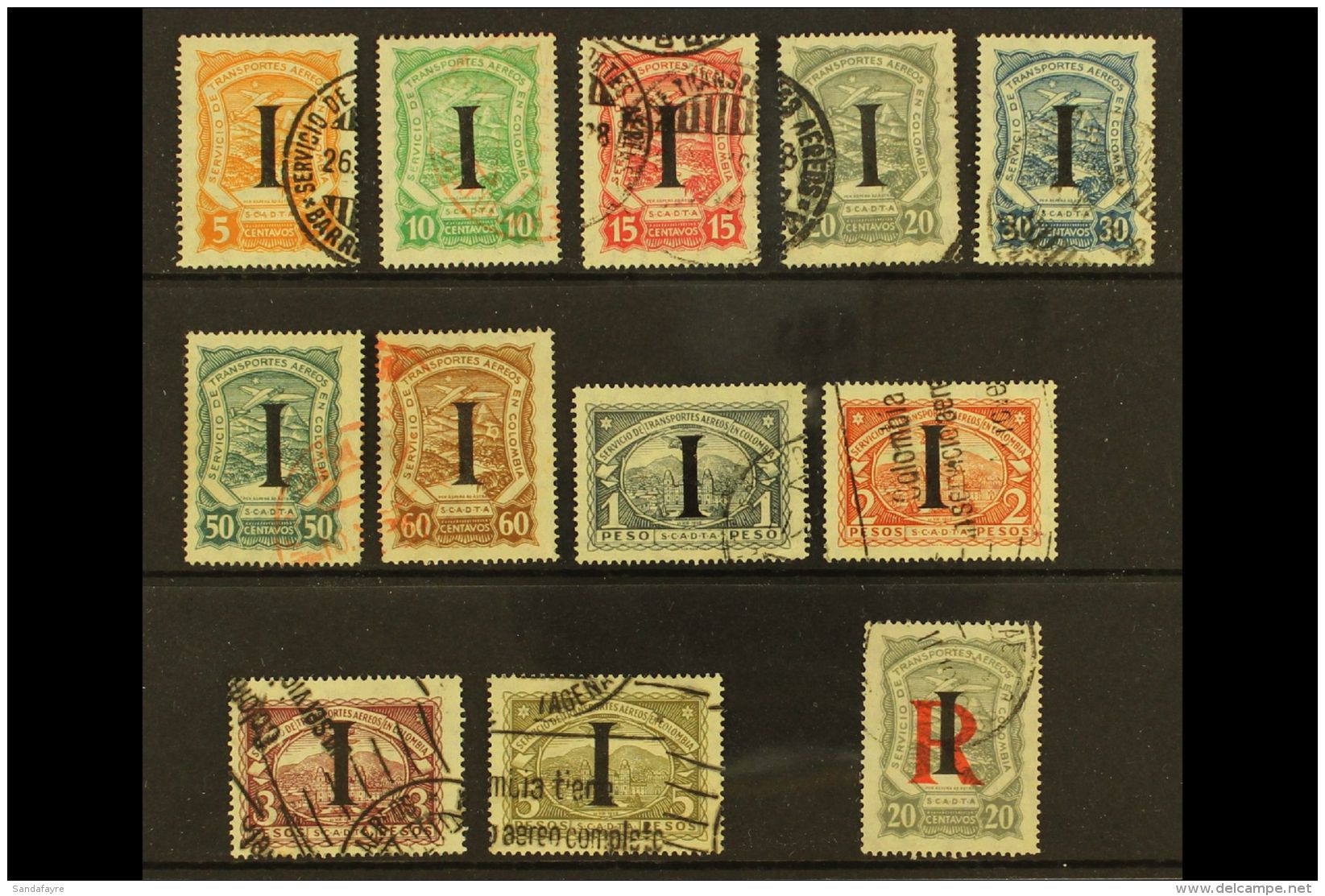 SCADTA ITALY 1923 "I" Overprints Complete Set Inc Registration Stamp (Scott CLIT23/33 &amp; CFLIT1, SG 26J/36J... - Colombie