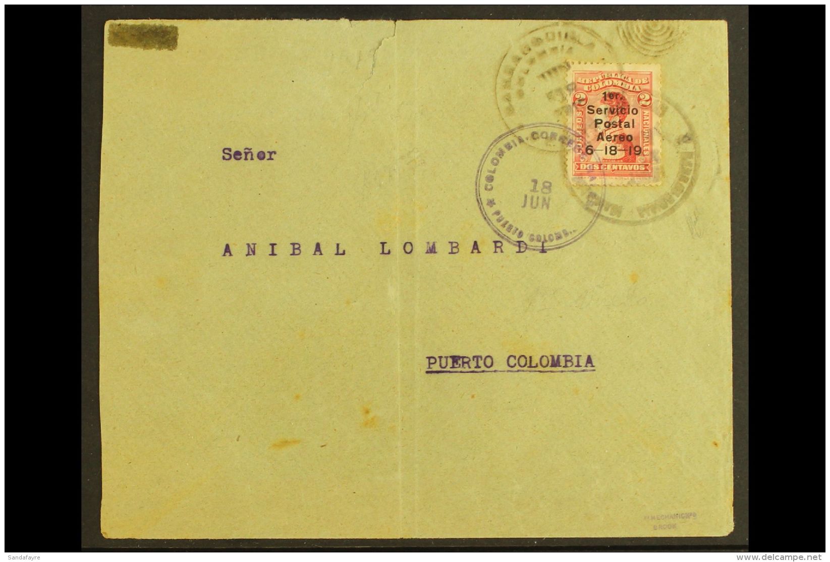 1919 FIRST EXPERIMENTAL FLIGHT COVER. (18 June) Barranquilla To Puerto Colombia Airmail Cover Bearing 1919 2c... - Colombie