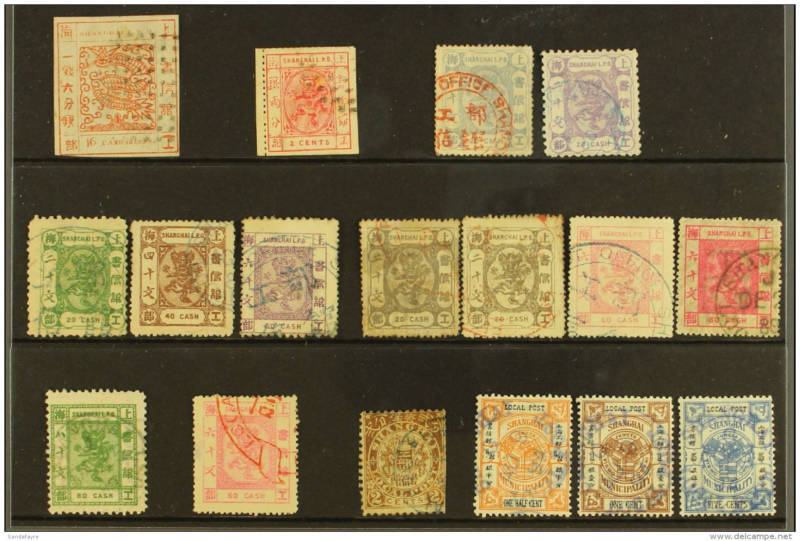 SHANGHAI 1866-93 USED SELECTION On A Stock Card. Includes A 16 Candareens Large Dragon Forgery, 1866 2c Perf 15... - Sonstige & Ohne Zuordnung