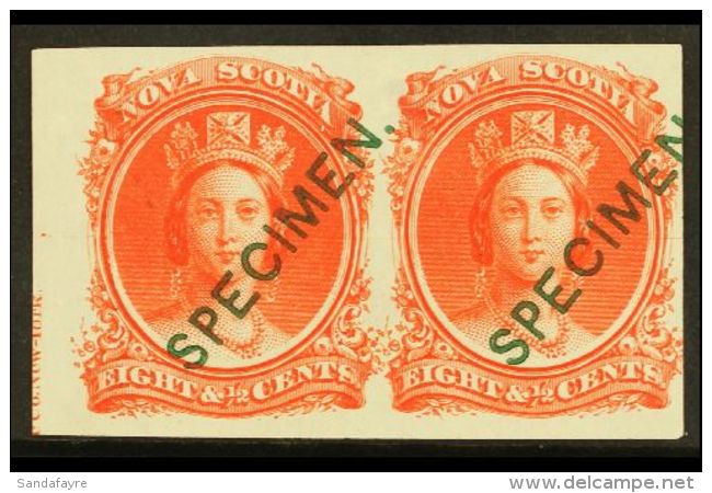 1860 "SPECIMEN" PROOF PAIR An Attractive Plate Proof 8&frac12;c Vermillion Pair Bearing Green Thin San-serif... - Autres & Non Classés