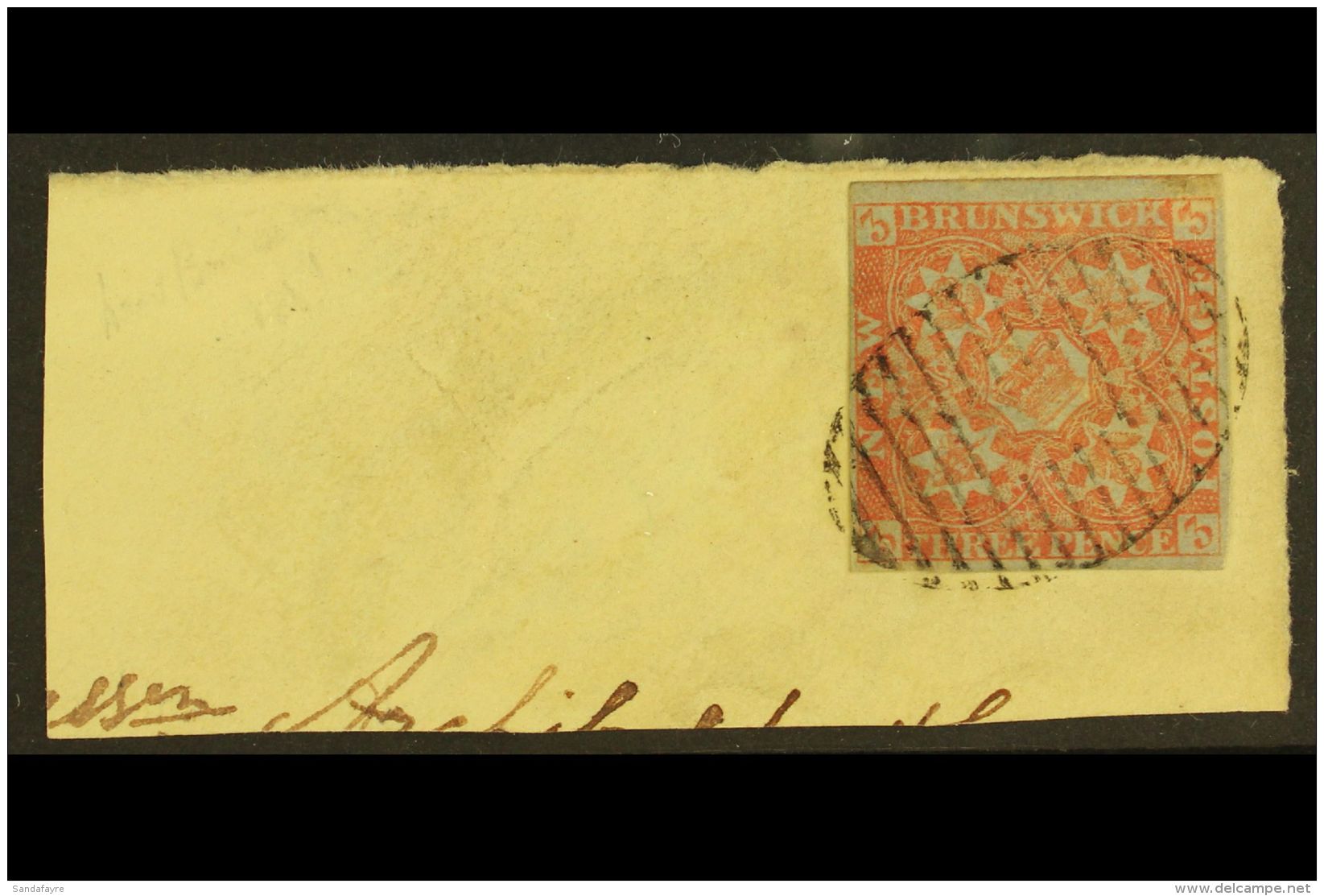 1851 3d Dull Red, SG 2, Used With 4 Neat Margins Tied To Large Piece By Full Barred Oval Cancellation. An... - Autres & Non Classés