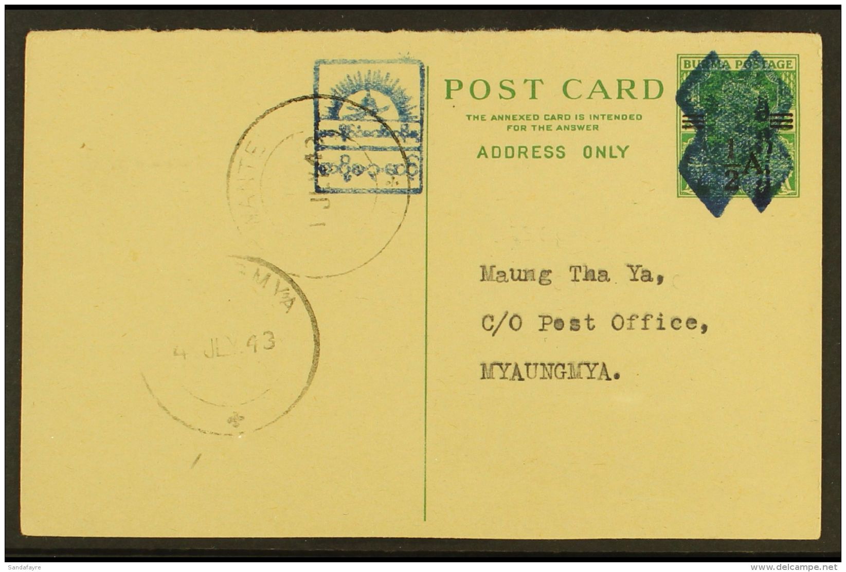 JAPANESE OCCUPATION - BURMESE GOVERNMENT 1943 (1st July) &frac12;a On 9ps Green KGVI Postal Stationery Card,... - Burma (...-1947)
