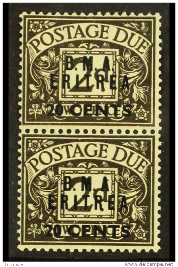 ERITREA POSTAGE DUES - 1938 20c On 2d Agate, Pair One Showing Variety "No Stop After A", SG ED3 + ED3a, Very Fine... - Italienisch Ost-Afrika
