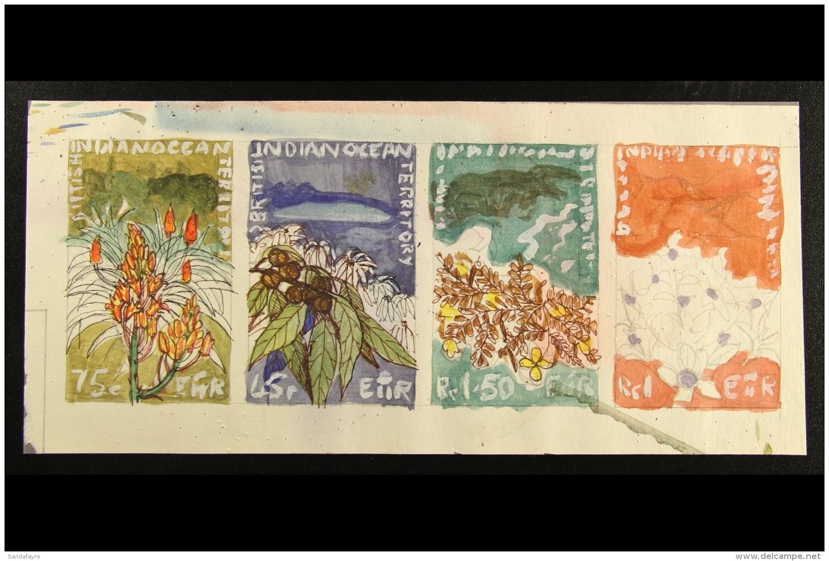 1975 HAND PAINTED ESSAYS An Attractive Page Bearing 1975 Wildlife - Seashore Plants Issues (SG 77/80), Four... - Brits Indische Oceaanterritorium
