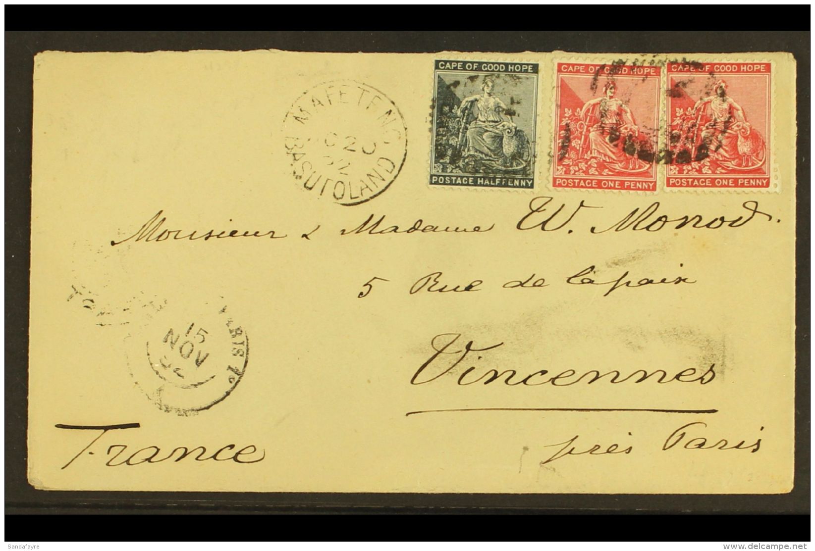 1892 MISSIONARY COVER Superb Cover To Vincennes, France From The Paris Evangelical Missionary Society, Hermon,... - Sonstige & Ohne Zuordnung