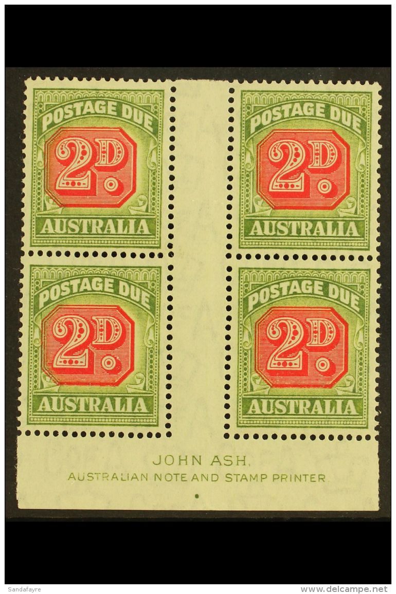 POSTAGE DUE 1946-57 2d Carmine And Green, SG D121, JOHN ASH Imprint Block Of Four, Very Fine Mint. (4 Stamps) For... - Andere & Zonder Classificatie