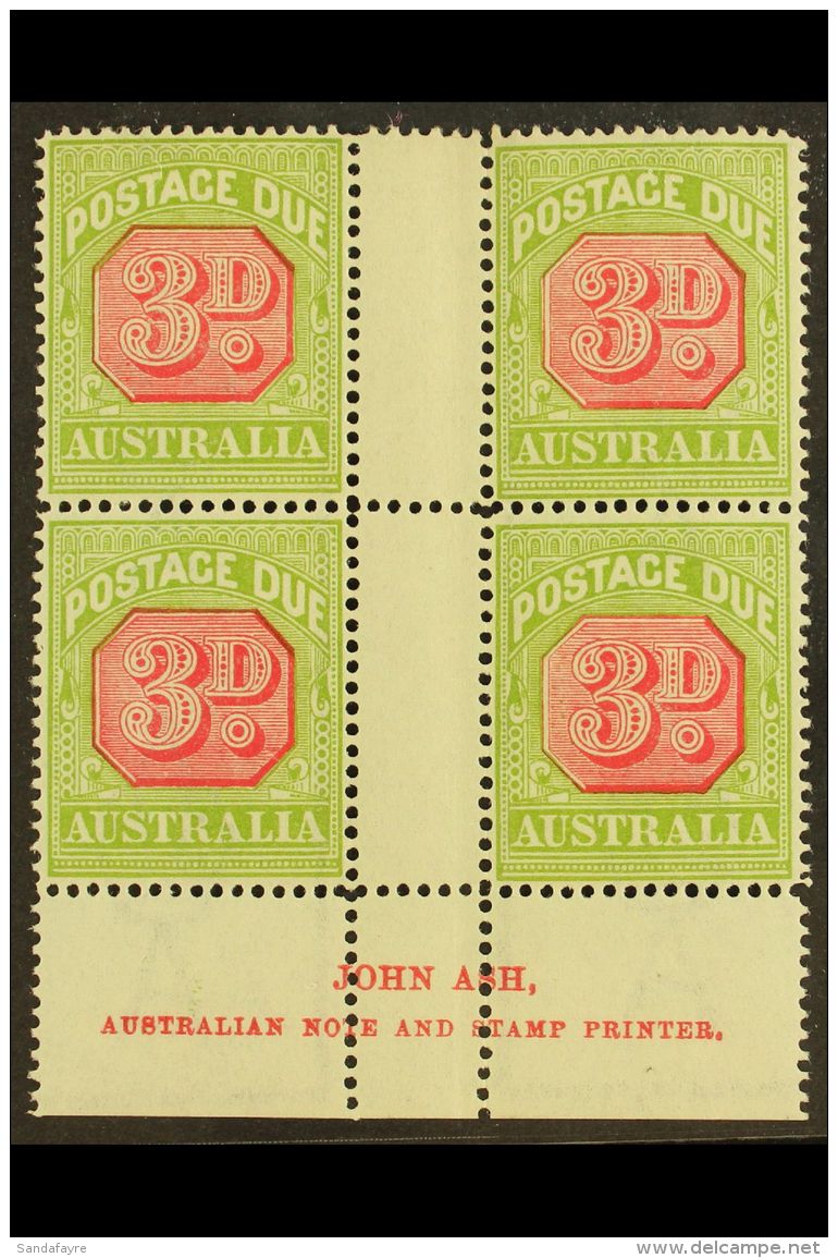 POSTAGE DUE 1922-30 3d Carmine And Yellow-green, SG D95, JOHN ASH Imprint Block Of Four, Fine Mint. (4 Stamps) For... - Autres & Non Classés