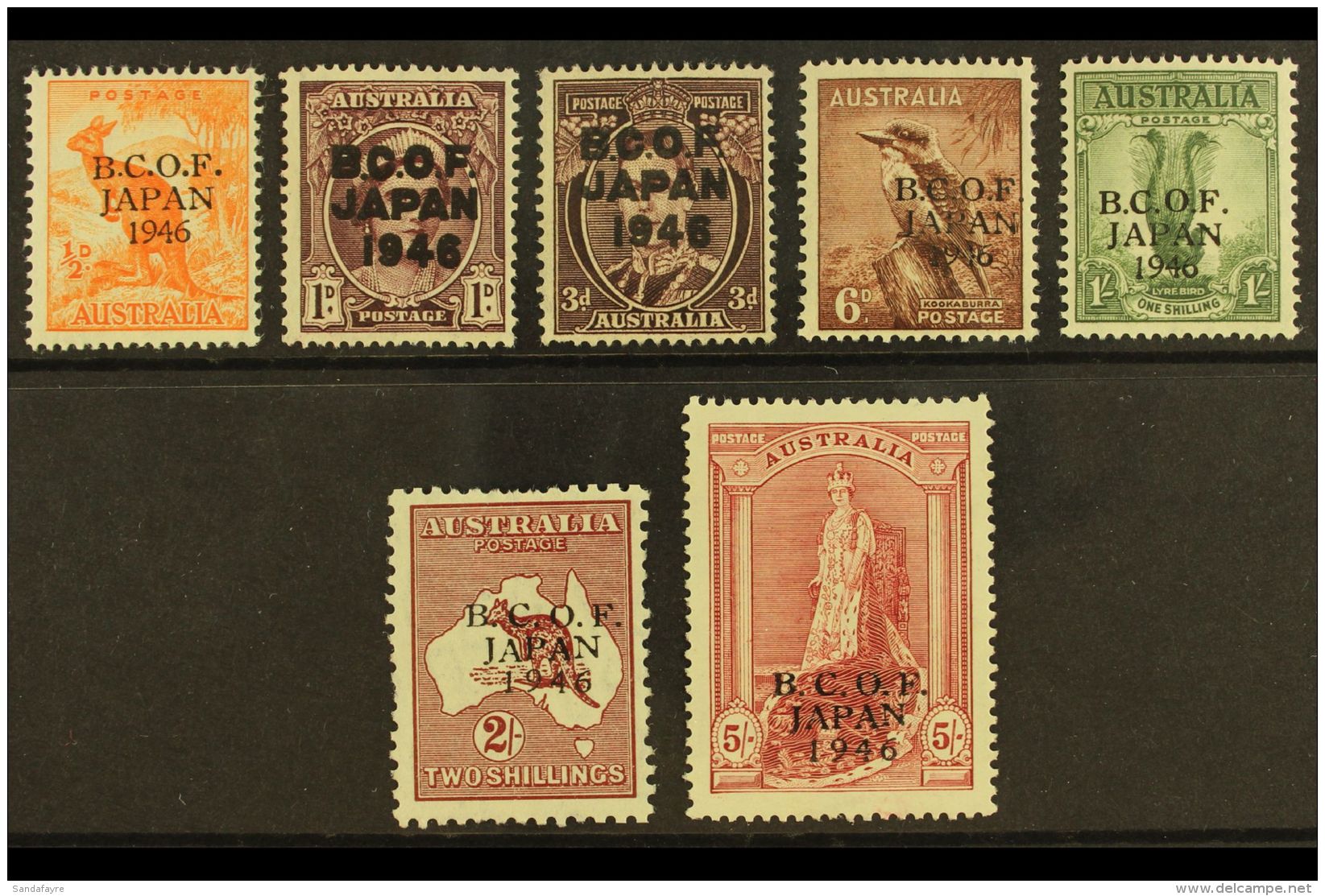 BCOF 1946-47 "B.C.O.F. JAPAN" Overprints Complete Set, SG J1/7a, Fine Mint, Very Fresh. (7 Stamps) For More... - Andere & Zonder Classificatie