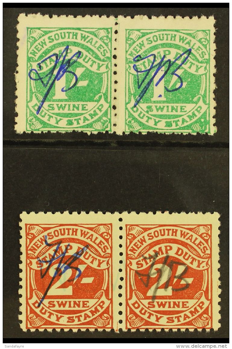 NEW SOUTH WALES REVENUE STAMPS 1930 Swine Duty 1s Pale Green And 2s Brown (Barefoot 8 &amp; 10), HORIZONTAL PAIRS... - Andere & Zonder Classificatie