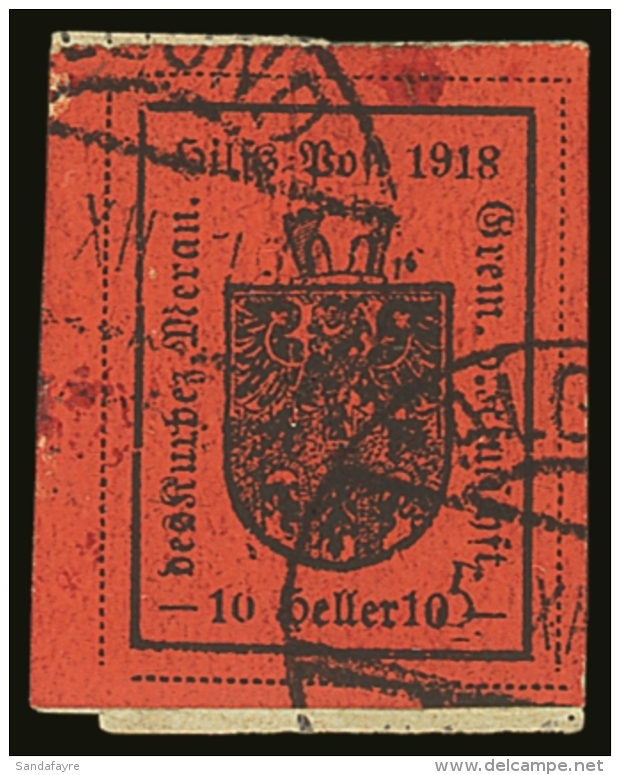 WWI - ITALY MERANO LOCALS 1918 10h Black On Deep Red, Sassone 9, Very Fine Used With 4 Large Margins &amp;... - Zonder Classificatie