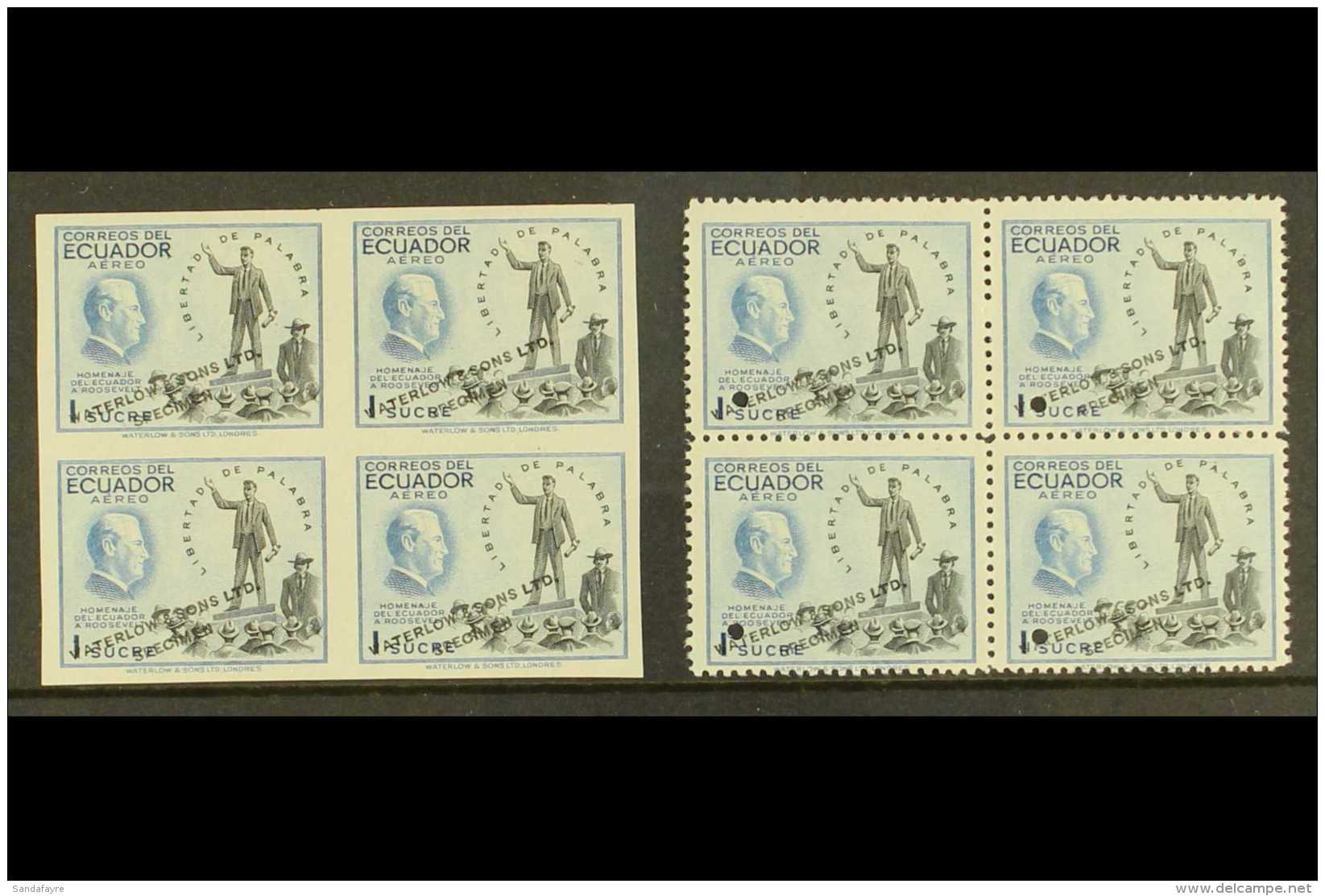 ROOSEVELT Ecuador 1948 1s Slate And Blue Air Stamp, As Scott C194, Never Hinged Mint Blocks Of Four (one Block... - Zonder Classificatie