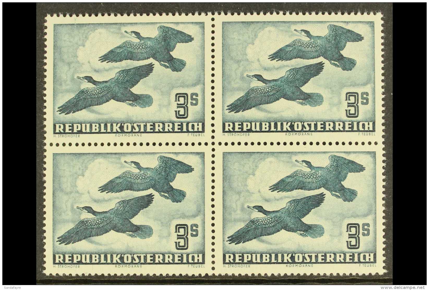BIRDS AUSTRIA - 1953 3s Blue Green Cormorant, Airmail, Mi 985, In A Superb NEVER HINGED MINT Block Of 4. For More... - Ohne Zuordnung