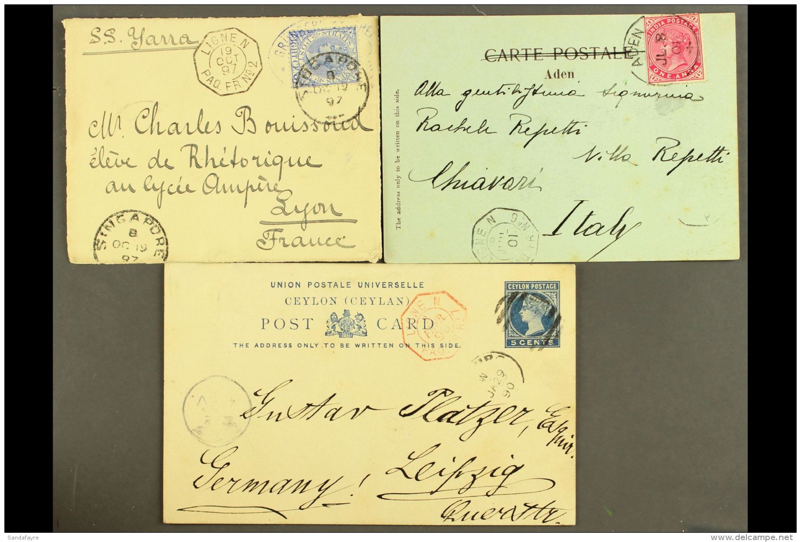 C/WEALTH COVERS CARRIED BY FRENCH PAQUEBOTS Trio Of Items Include Ceylon 1890 5c Postal Card To Germany With Red... - Autres & Non Classés