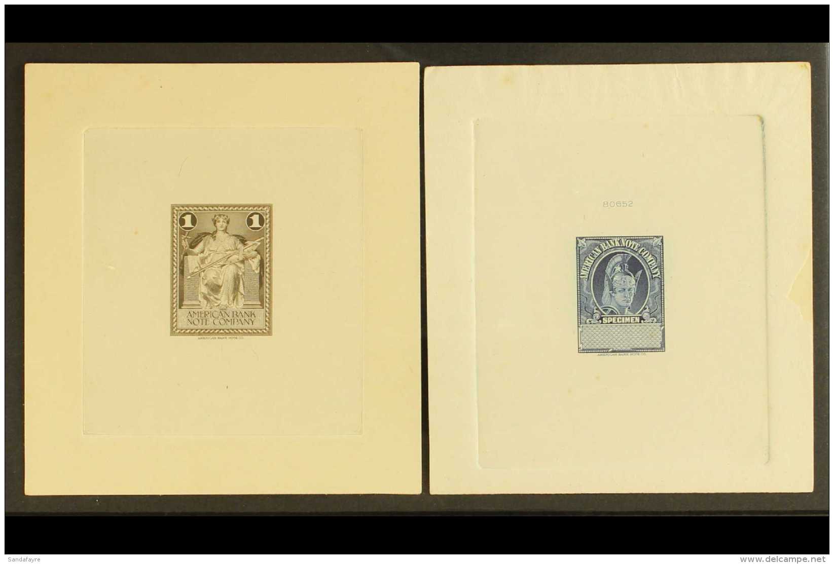 AMERICAN BANK NOTE CO. Two Master Die Proofs Of Their Sample Stamps, Each Depicts An Allegorical Figure, Fine (2... - Autres & Non Classés