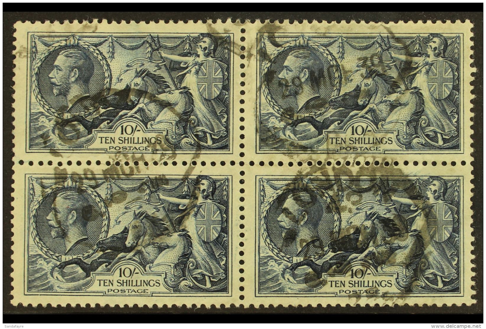 1934 10s Indigo Re-engraved Seahorse, SG 452, Good Used BLOCK OF FOUR. (4 Stamps) For More Images, Please Visit... - Non Classés