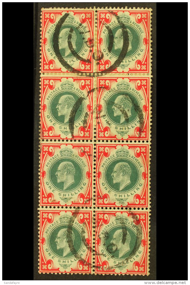 1902-10 1s Dull Green &amp; Scarlet Chalky Paper De La Rue Printing, SG 259, Fine Used BLOCK Of 8 (2x4) Cancelled... - Non Classés