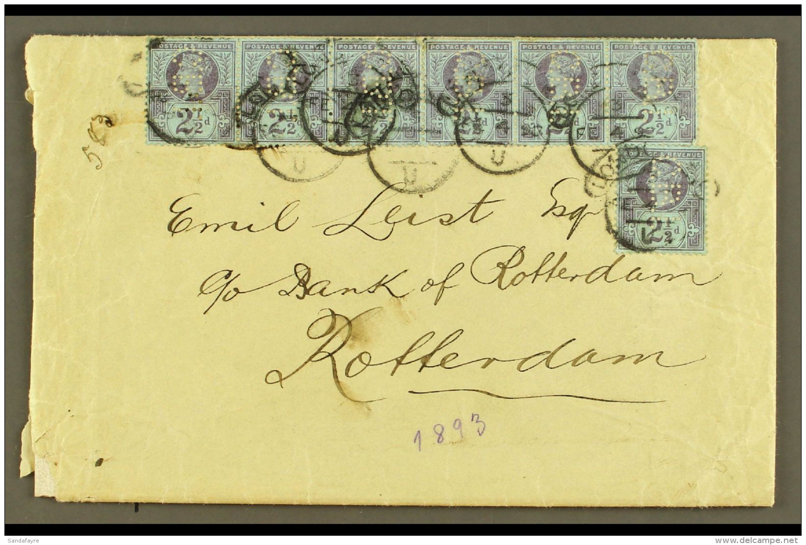 1893 (4th Feb) Cover To Rotterdam Bearing 2&frac12;d Jubilee Strip Of Six Plus Single, All With "C.B.I." Perfin... - Sonstige & Ohne Zuordnung