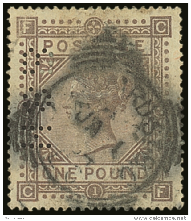 1867-83 &pound;1 Brown- Lilac, Wmk Anchor On Blued Paper, SG 132, Used Spacefiller, Perfin &amp; Some Creasing.... - Sonstige & Ohne Zuordnung