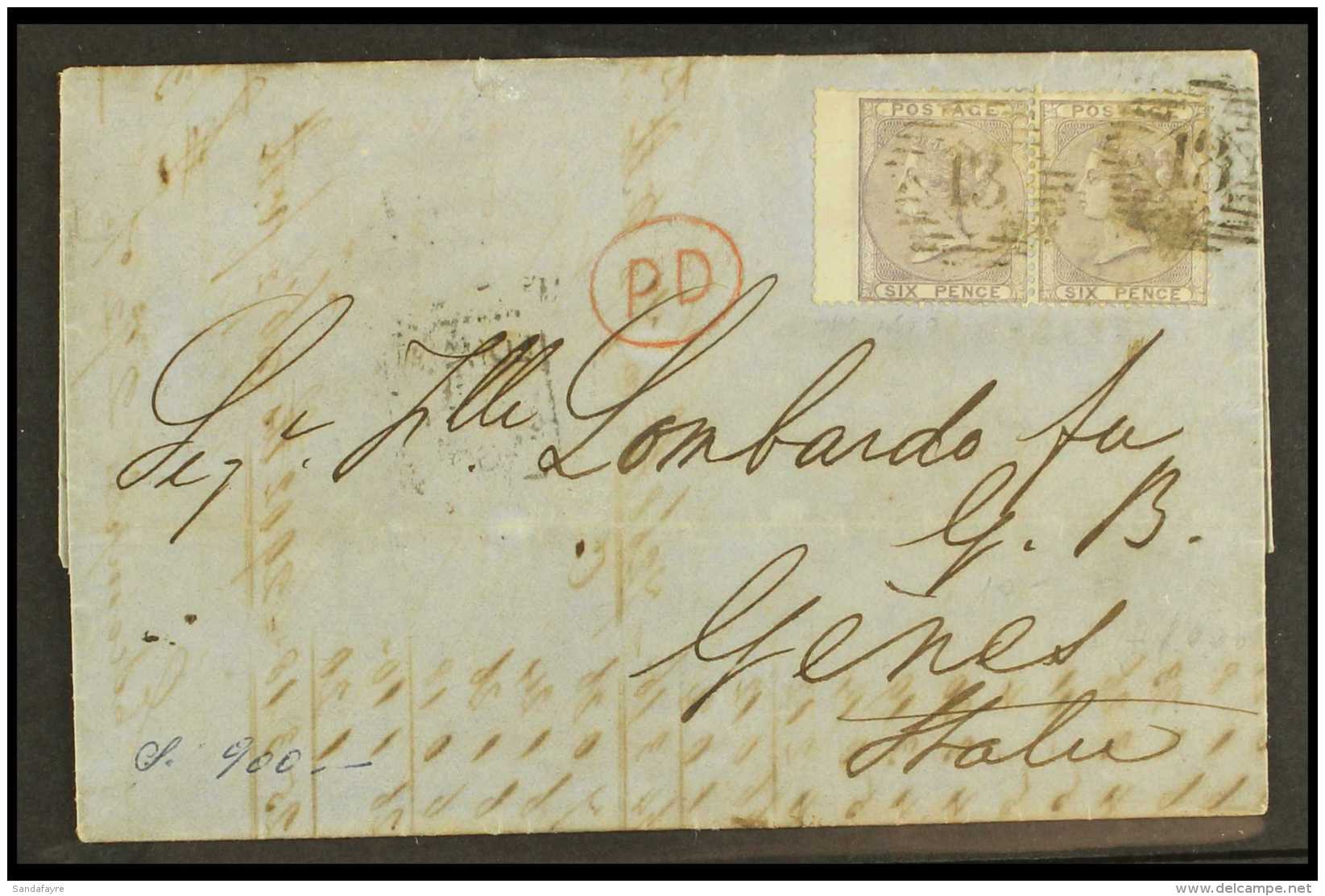 1860 (4th August) Entire To Genova Bearing 6d Lilac PAIR (no Letters) Tied Stratford London District Barred Cancel... - Autres & Non Classés