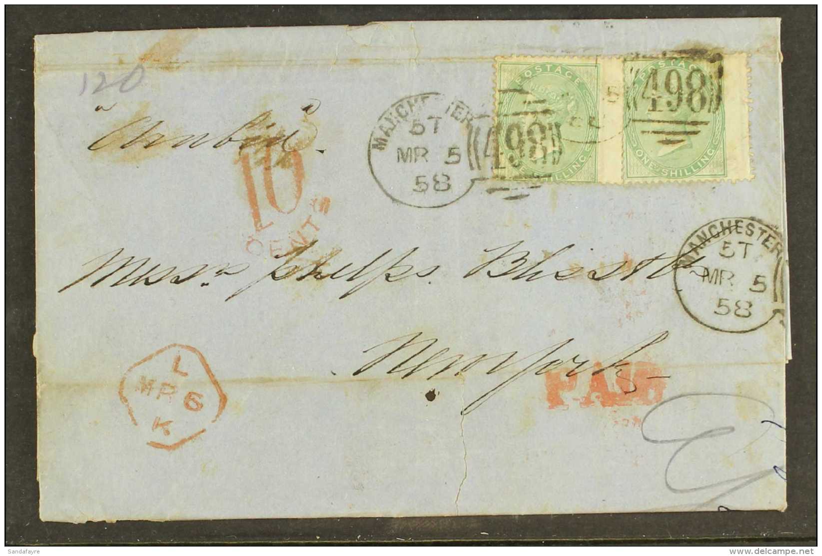1858 TRANSATLANTIC DOUBLE RATE 1858 (5 Mar) Entire To New York Bearing Two Examples Of The 1856 1s Green, SG.72,... - Autres & Non Classés