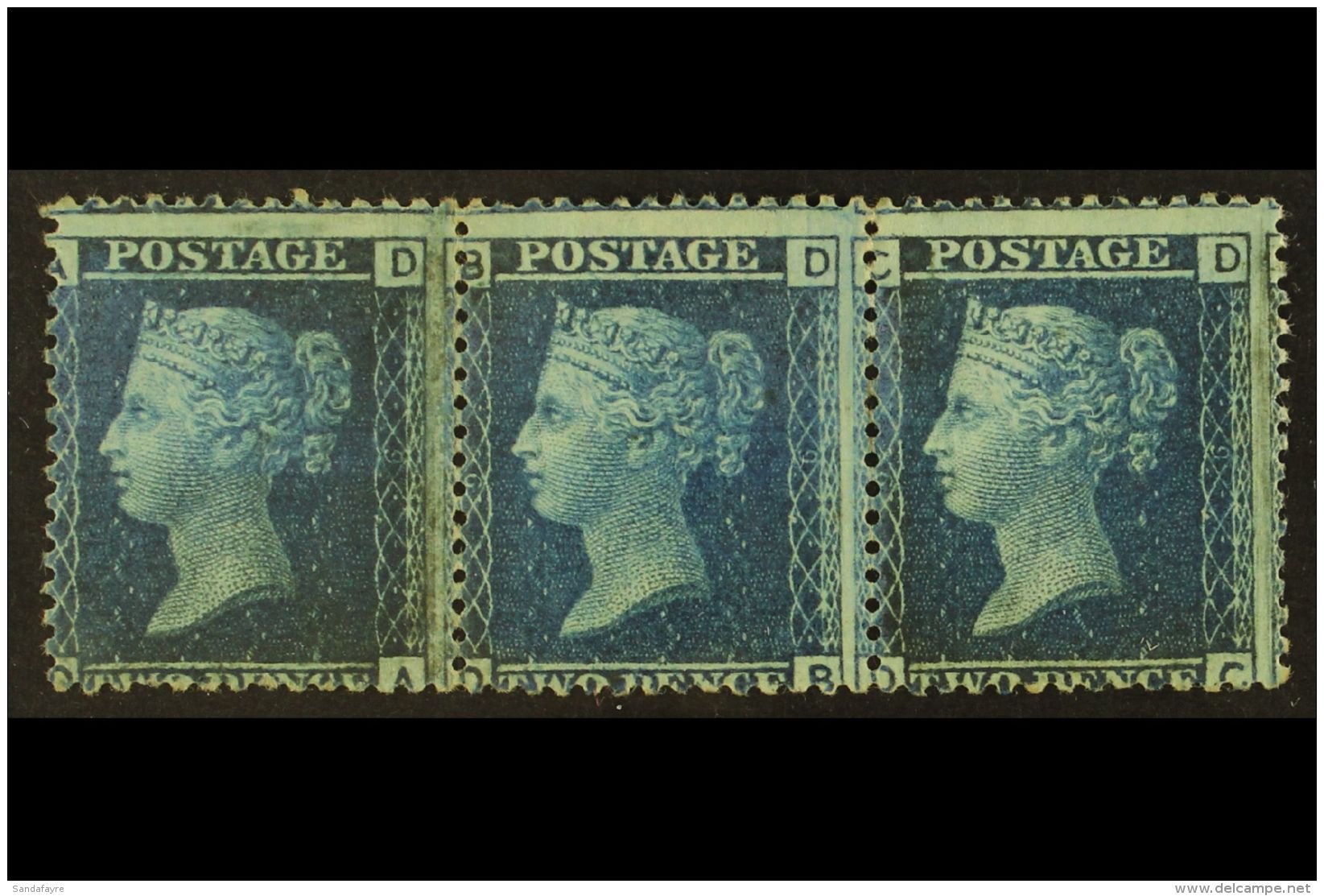 1858 2d Blue, SG 45, Plate 9, Mint STRIP OF THREE (two Stamps Never Hinged), Centred Low And Left. For More... - Andere & Zonder Classificatie