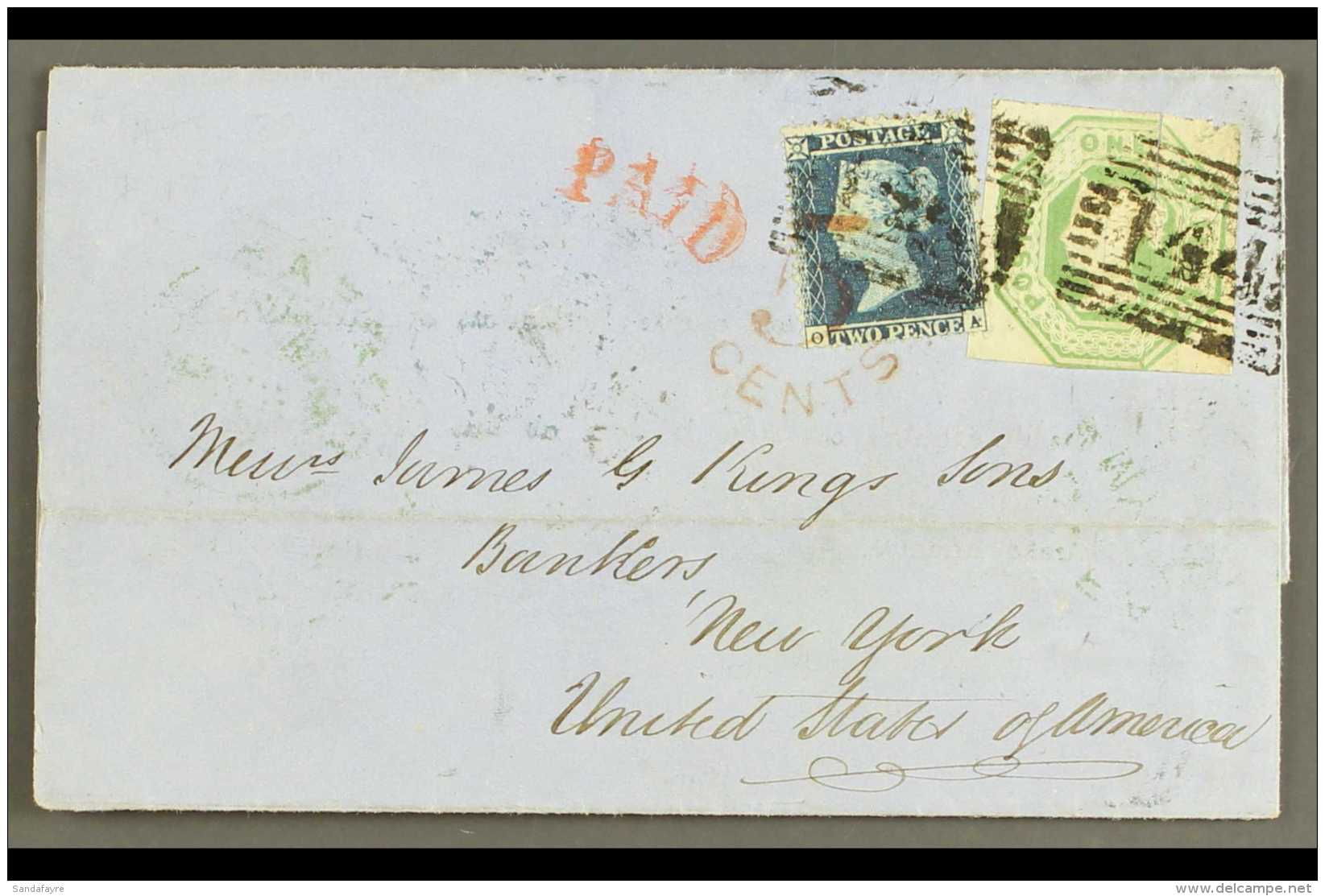 1856 (15 May) Entire Letter To New York Bearing 1847-54 1s Green Die 2 Embossed SG 55 (three Margins Just Touching... - Autres & Non Classés