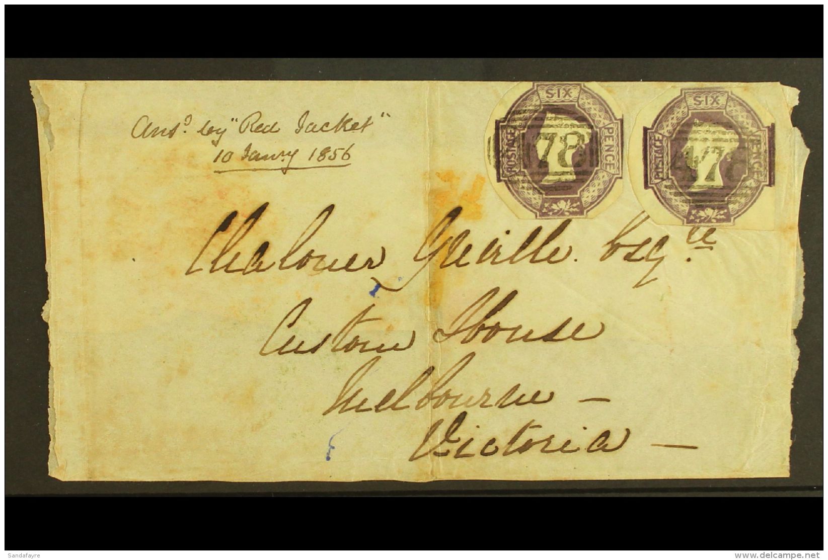 1855 (2 Oct) Flimsy Entire/wrapper From Lowestoft To Melbourne, Australia, Bearing Two 6d Embossed Stamps (cut... - Autres & Non Classés