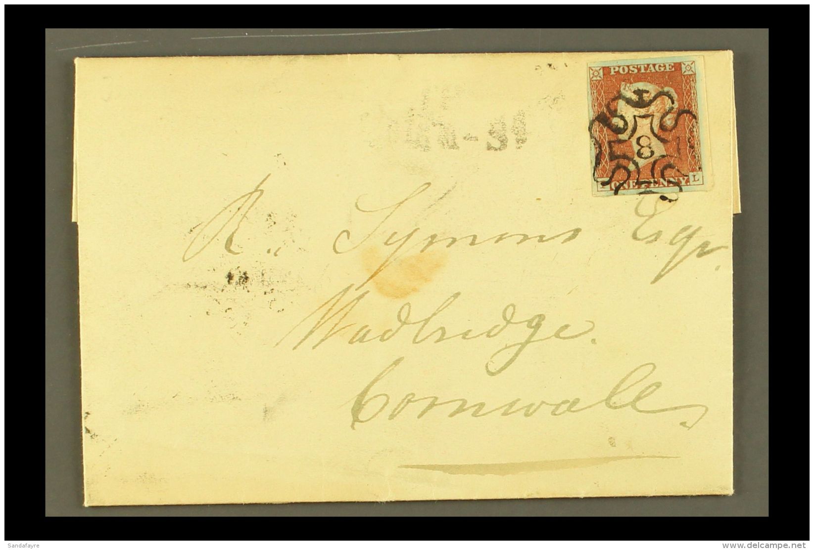 1843 (31 May) EL From London To Bodmin Bearing A Very Fine 1d Red- Brown With 4 Large Margins Tied By Lovely Full... - Andere & Zonder Classificatie