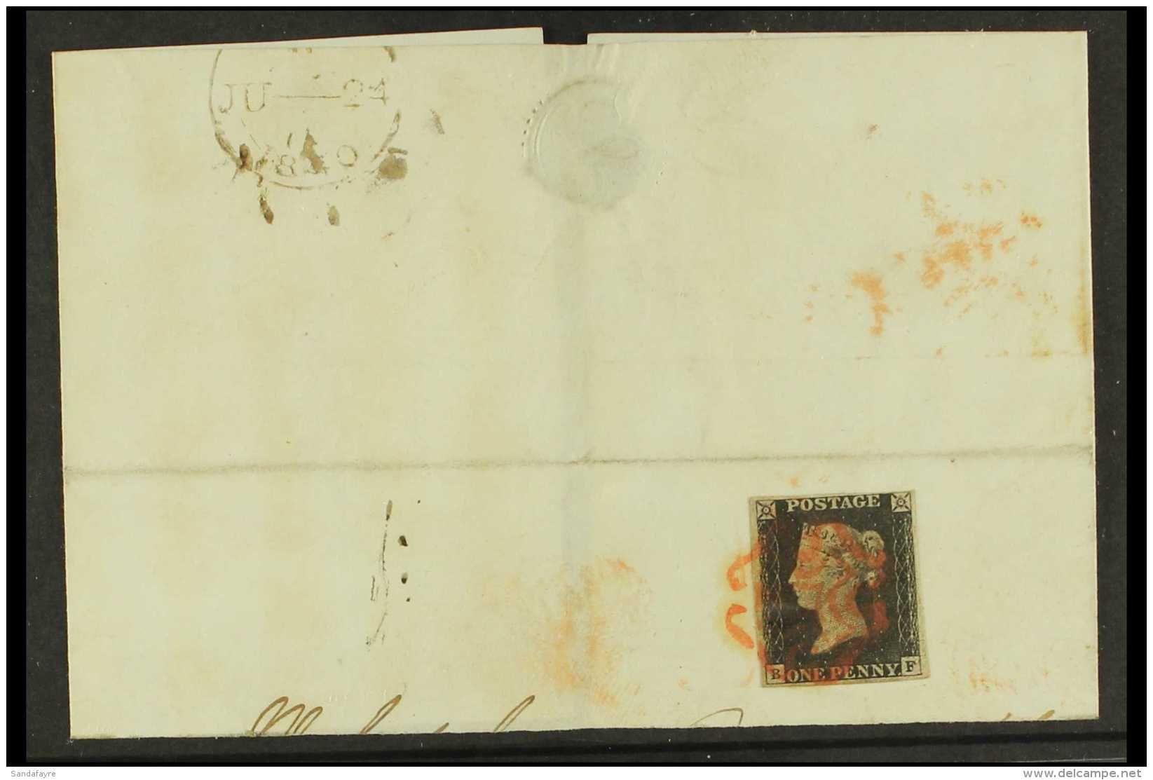 1840 (24 June) Large Piece Bearing 1d Black 'BF' Plate 5, 4 Margins, Tied By Red Maltese Cross Pmk. For More... - Zonder Classificatie